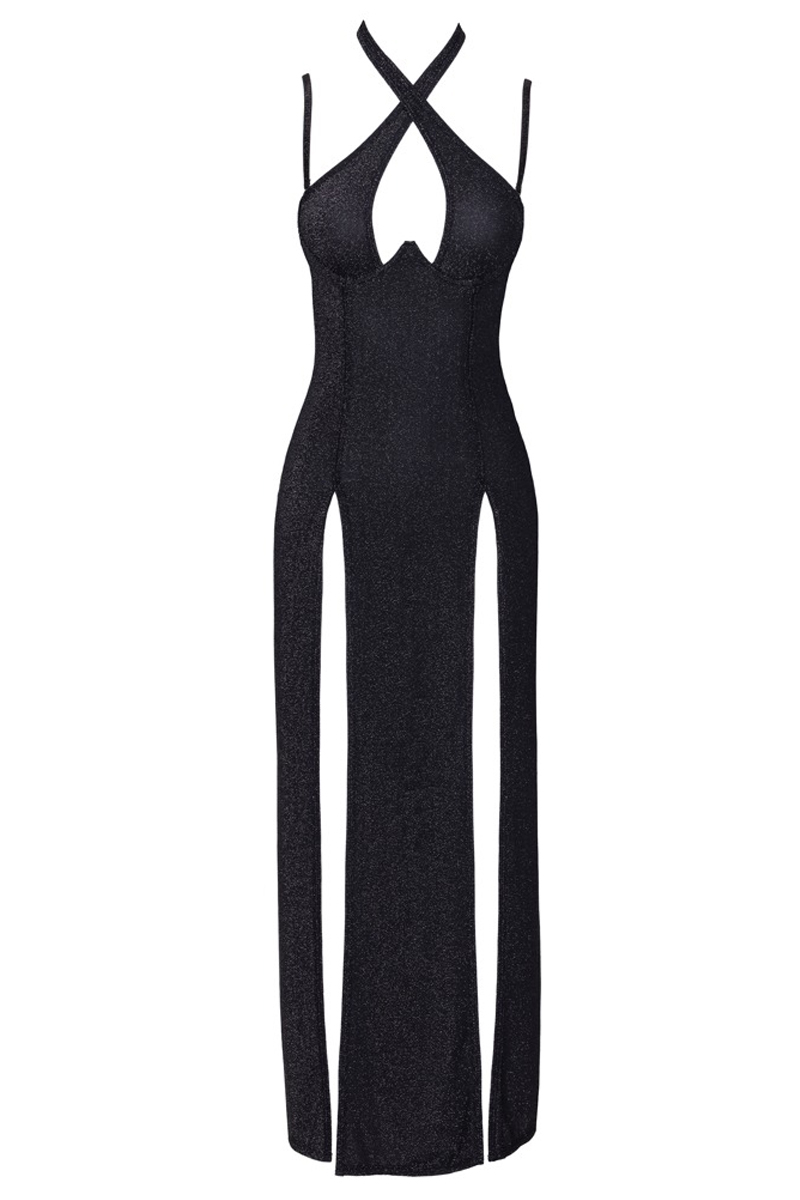 Robe longue à décolleté plongeant noire argentée - Cottelli PARTY