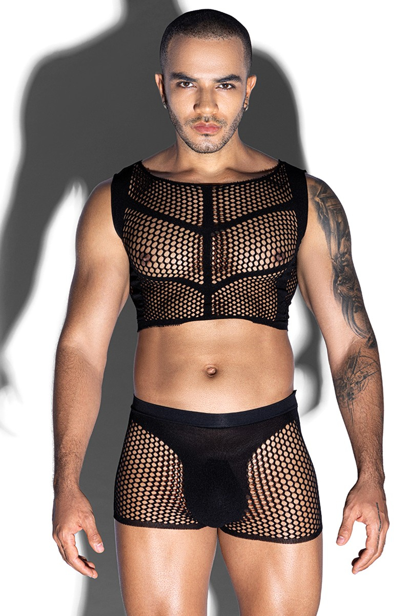 Ensemble top et boxer noir en maille résille