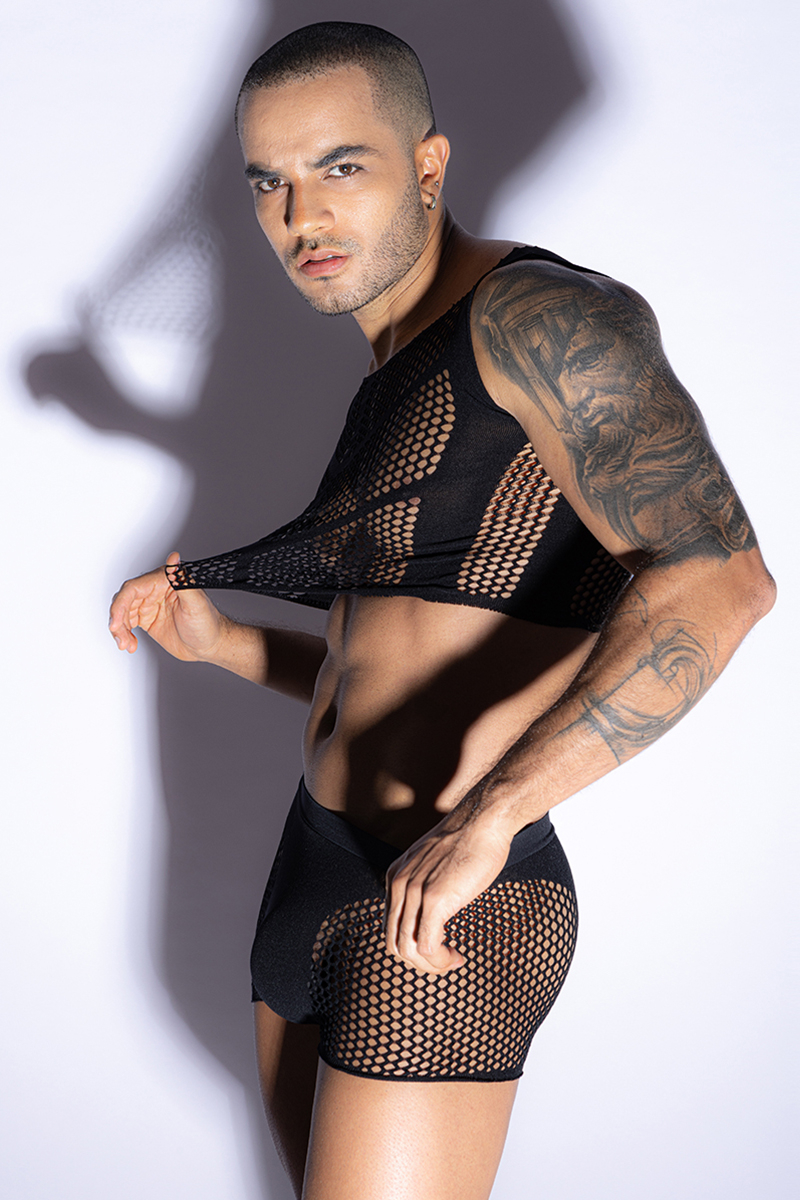 Ensemble top et boxer noir en maille résille