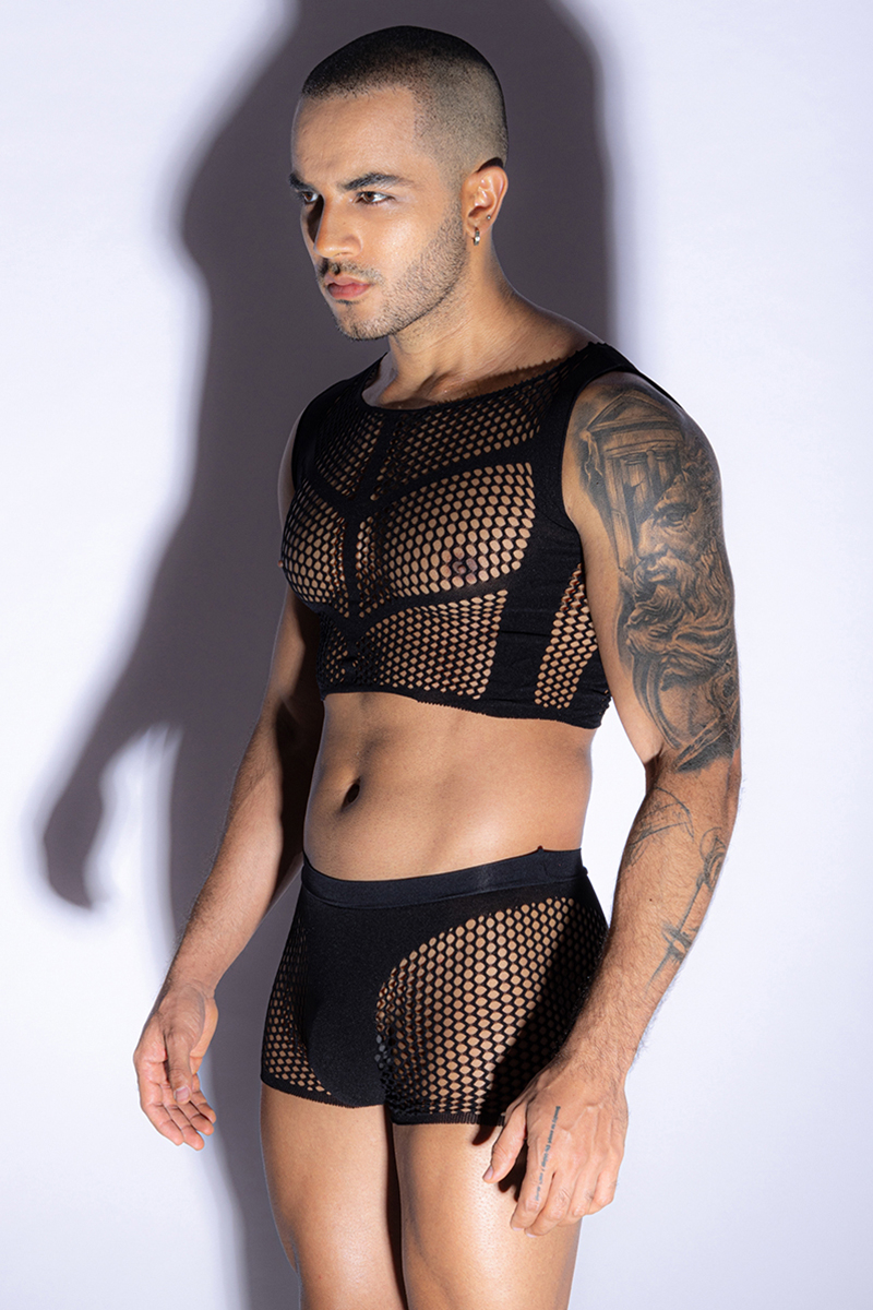Ensemble top et boxer noir en maille résille