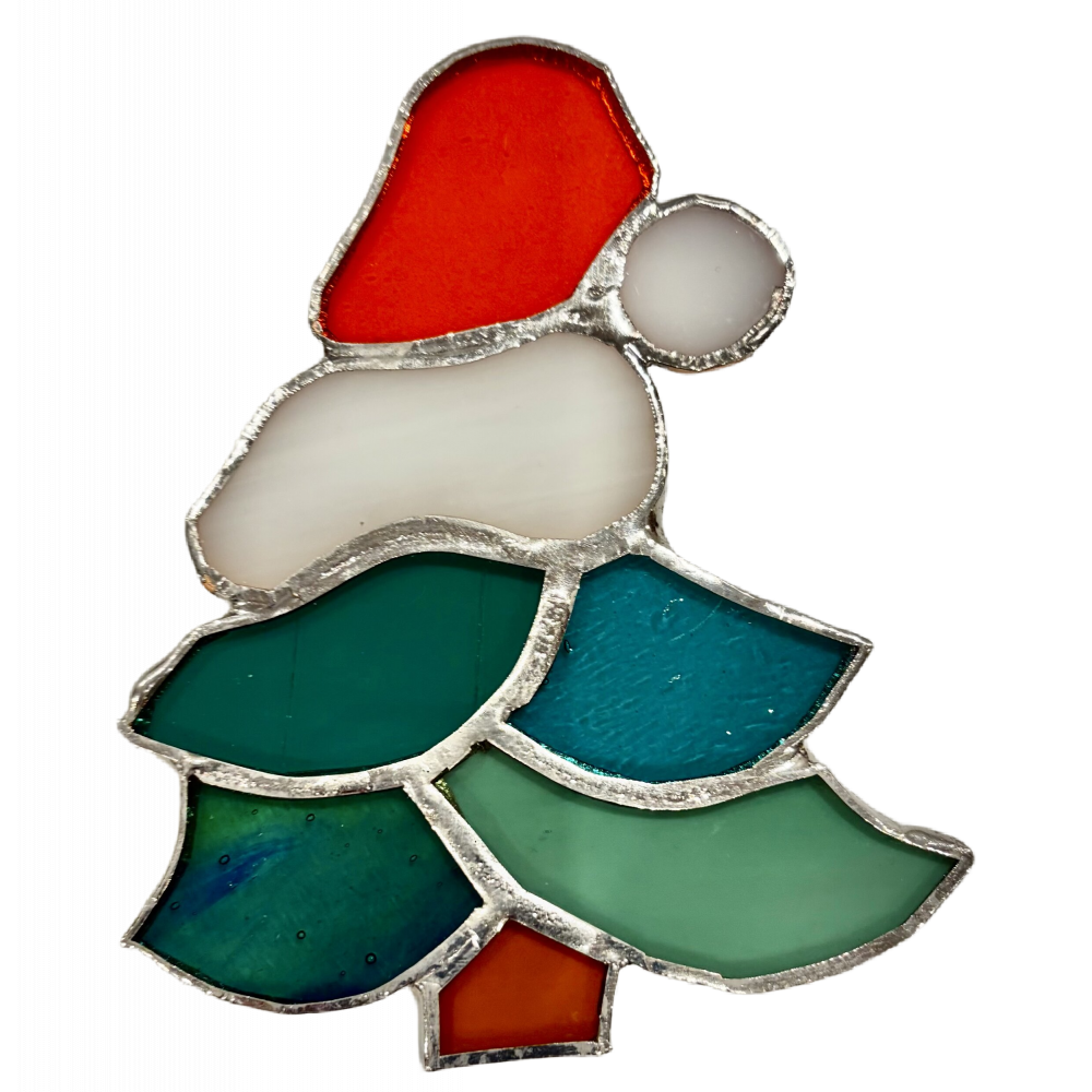 Vitrail sapin de Noël avec bonnet rouge