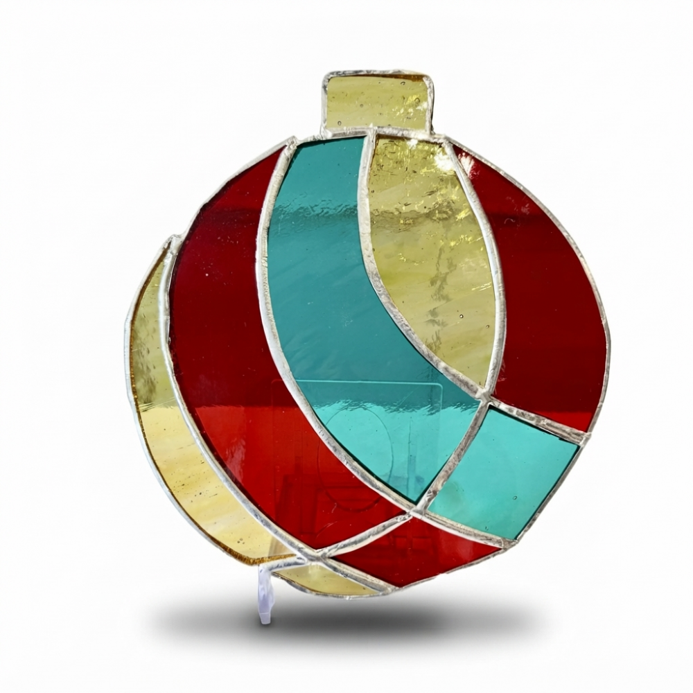 Vitrail boule de Noël à bandes rouges, turquoise et dorées, avec attache dorée