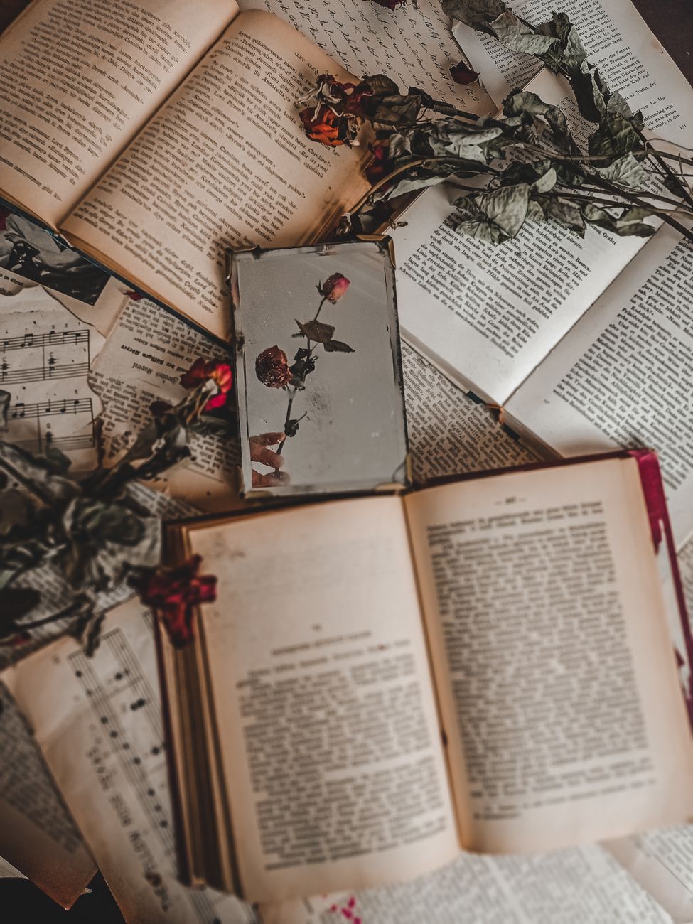 vue esthetique de livres vintage avec des roses seches et des partitions creant une ambiance nostalgique