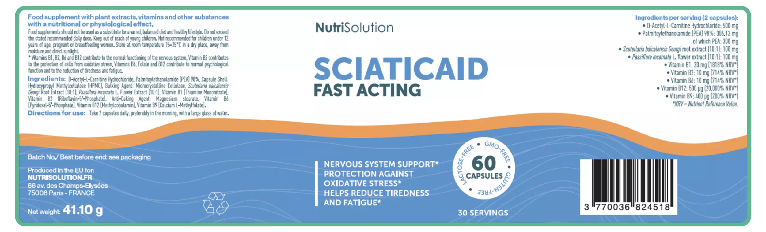 SciaticAid ingredients label