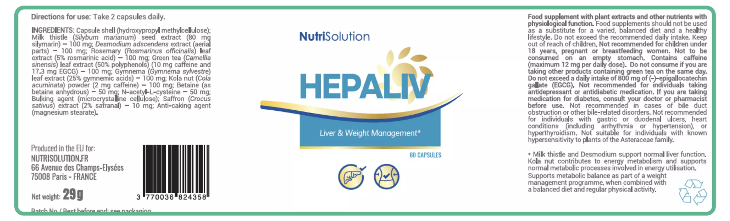 Hepaliv ingredients label