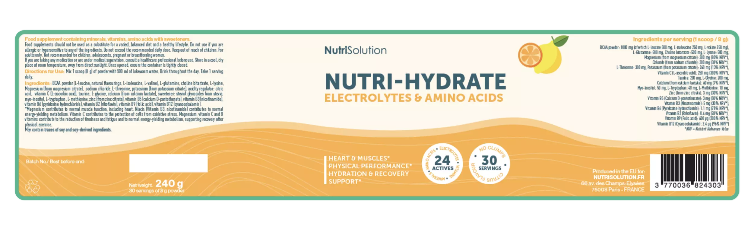 Nutri Hydrate ingredients label