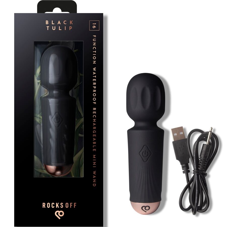 mini vibromasseur baguette rechargeable 16 fonctions noir Tulipe Rocks-Off, photo principale