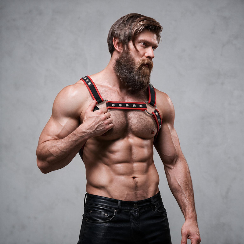 Harnais bulldog homme éco cuir noir rouge Fetish Submissive vue 2 sur 6