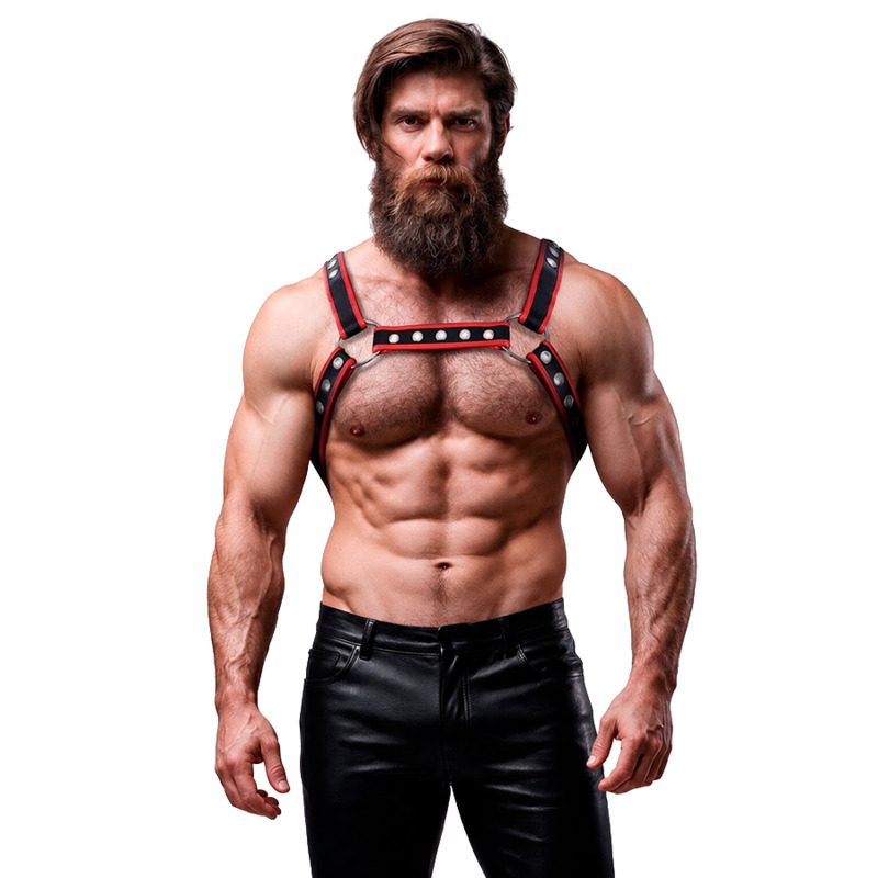 Harnais bulldog homme éco cuir noir rouge Fetish Submissive vue 4 sur 6