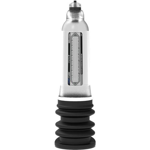 Pompe à pénis hydraulique Bathmate Hydro 7 Hercules transparente avec base noire, vue de face