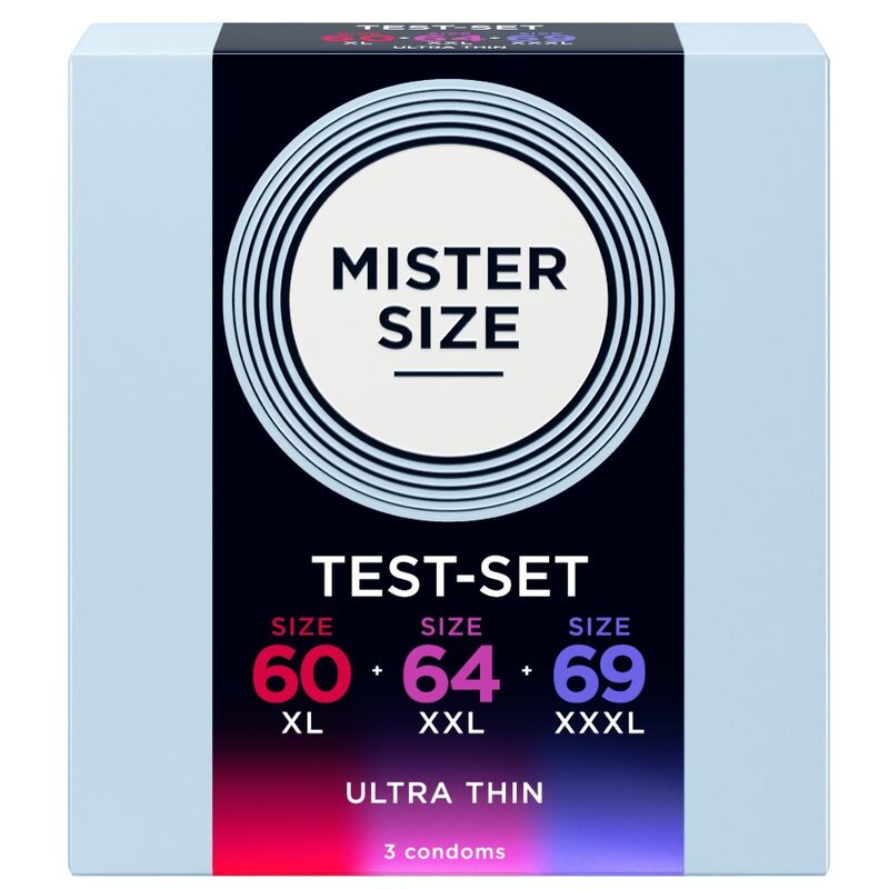 Pack échantillon préservatifs Mister Size 60-64-69 mm 3 unités, vue 1 sur 4