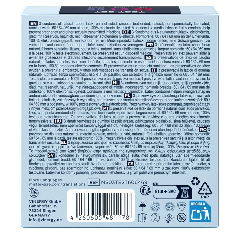 Pack échantillon préservatifs Mister Size 60-64-69 mm 3 unités, vue 4 sur 4