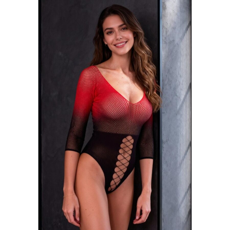 bodystocking en maille noire et rouge Passion BS118 2