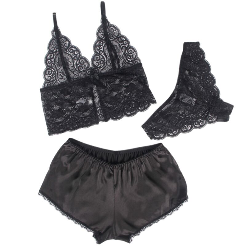 chemisier de nuit en soie et dentelle avec culotte noire L/XL Subblime 953928 3