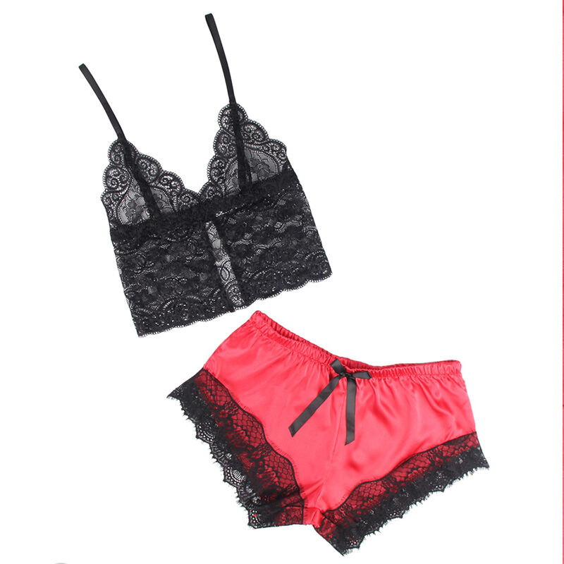 chemise de nuit décontractée en soie avec pantalon en dentelle noir et rouge L/XL Subblime 953966 9