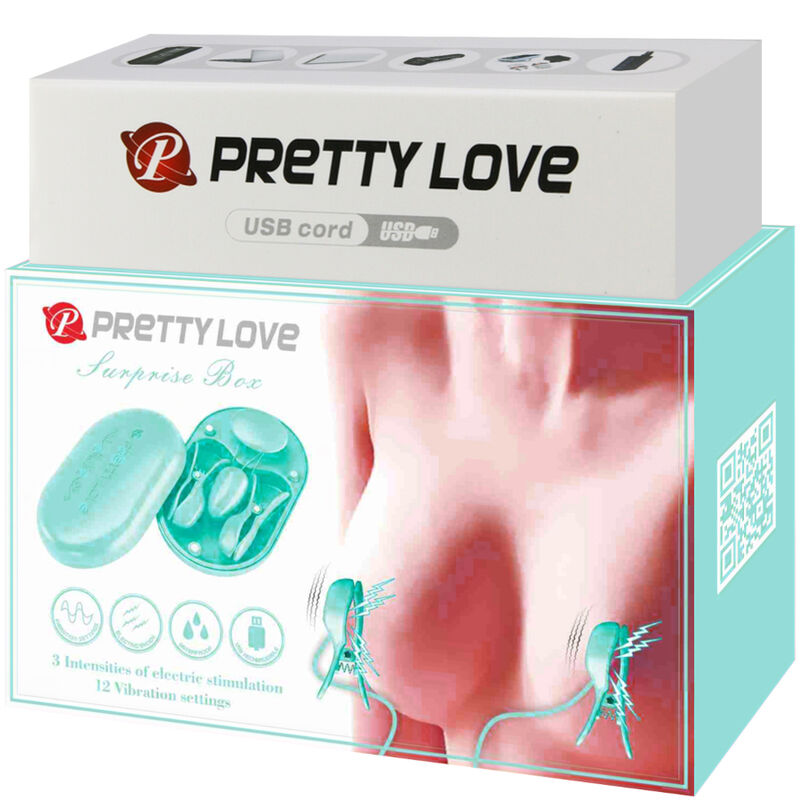 pinces à tétons vibrantes électrostimulation rechargeables bleu boîte surprise Pretty Love 8