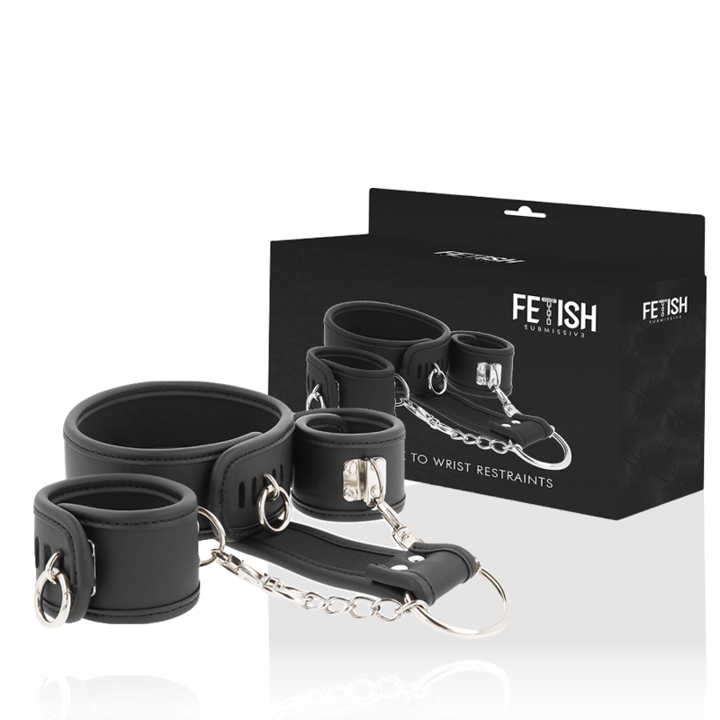 collier et menottes en cuir végan doublés néoprène avec chaîne Fetish Submissive 7
