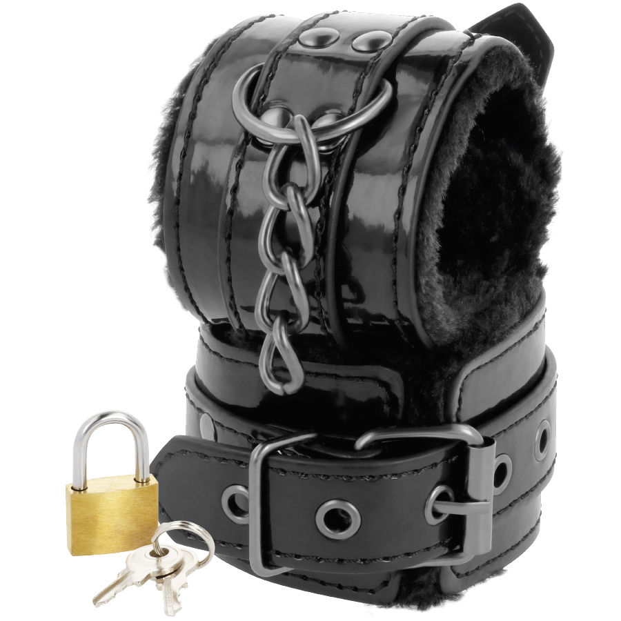 menottes réglables en similicuir PVC noir avec cadenas Darkness 2