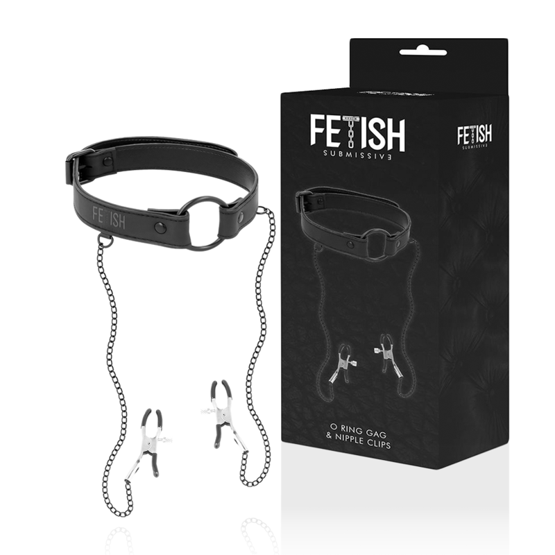 bâillon anneau en cuir végan avec pinces à tétons et chaîne Fetish Submissive 10