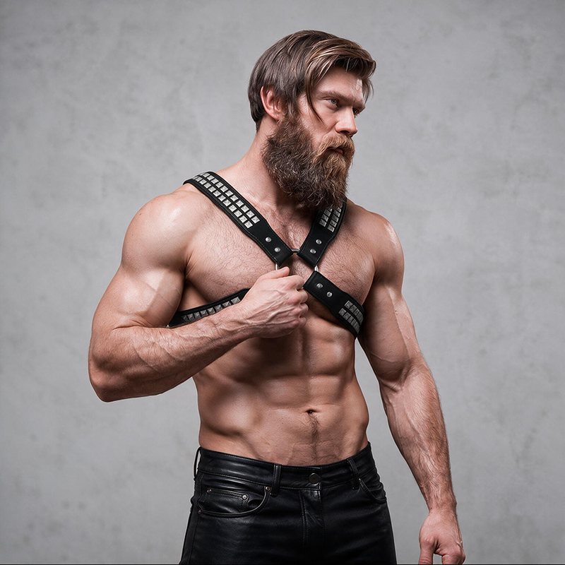 Harnais poitrine croisée homme rivets éco cuir réglable, vue 3 sur 6