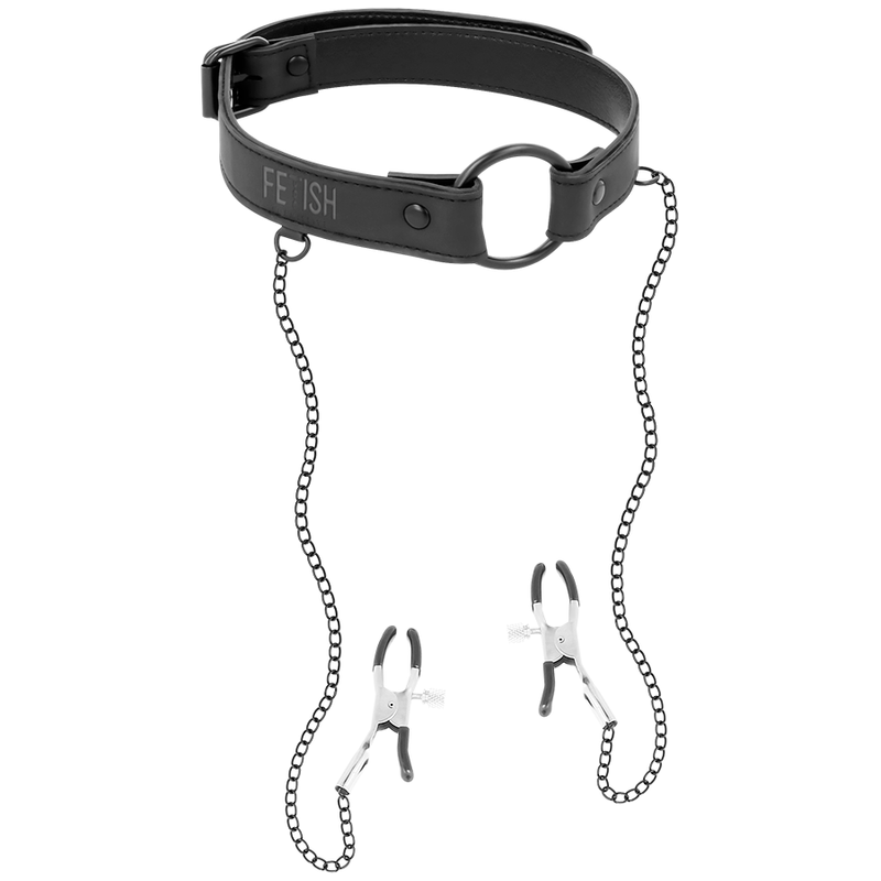bâillon anneau en cuir végan avec pinces à tétons et chaîne Fetish Submissive photo principale