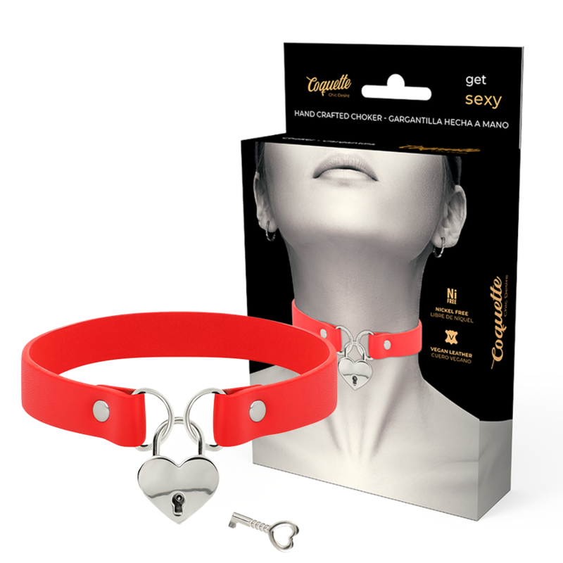 collier rouge en cuir végan avec accessoire cœur et clé 40 cm Coquette Chic Desire photo principale