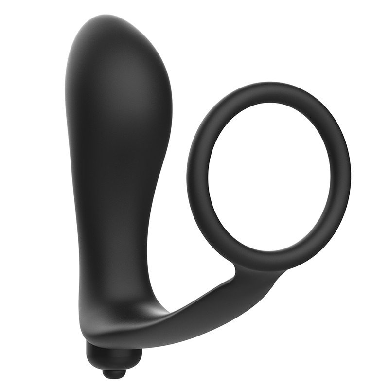 Plug anal vibrant noir Addicted Toys avec anneau pénien en silicone, vue de profil, bullet vibrante à la base