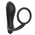 Plug anal vibrant noir Addicted Toys avec anneau pénien en silicone, vue de profil, bullet vibrante à la base