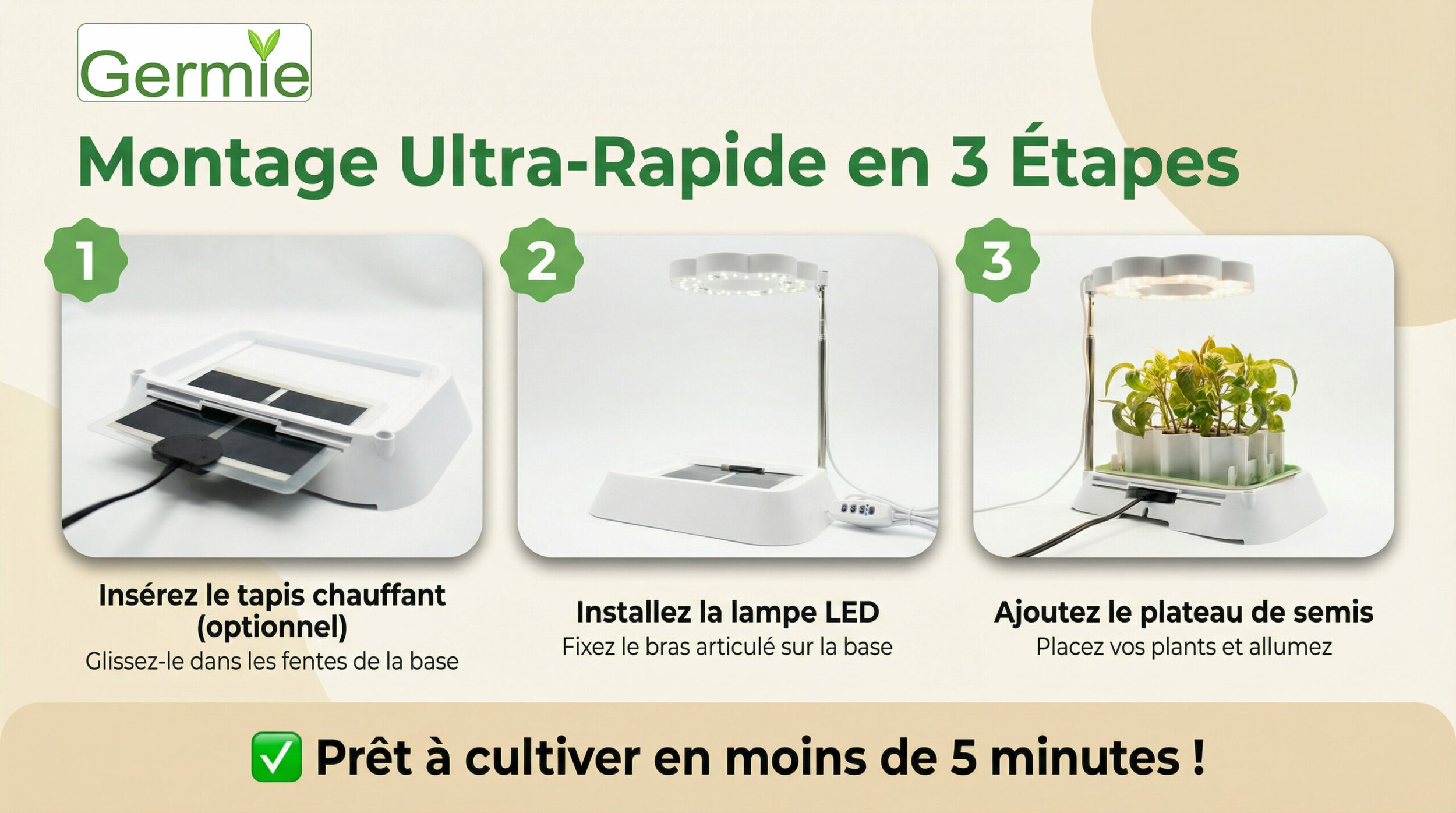 Montage du kit Germie en 3 étapes : tapis chauffant, lampe LED, plateau de semis