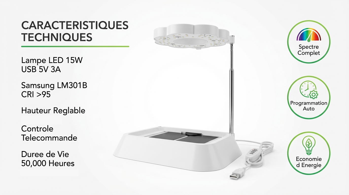 Caractéristiques techniques de la lampe LED horticole Germie 15W à spectre complet