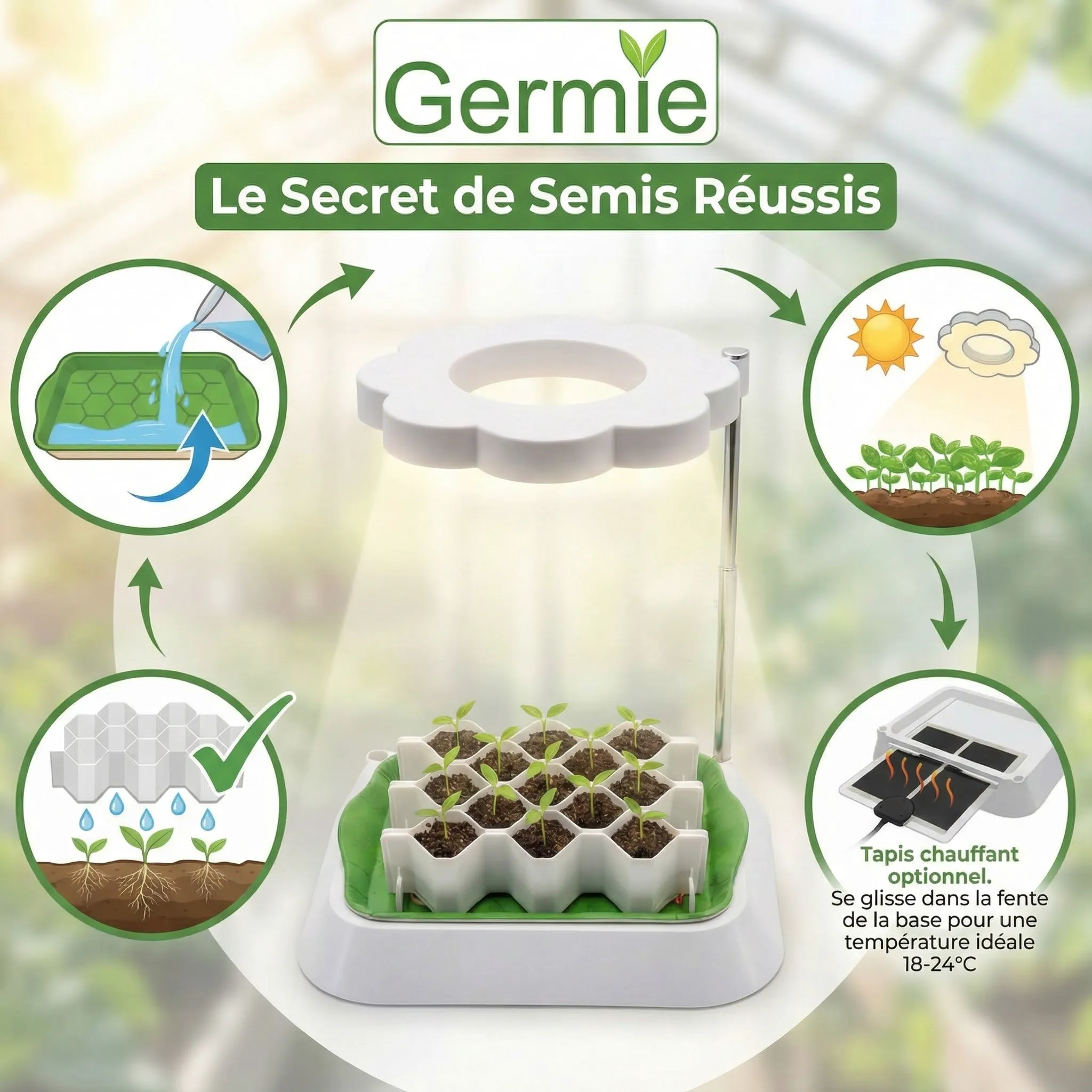 Kit de semis Germie : arrosage, lumière LED et chaleur pour des semis réussis