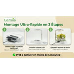 Montage du kit Germie en 3 étapes : tapis chauffant, lampe LED, plateau de semis