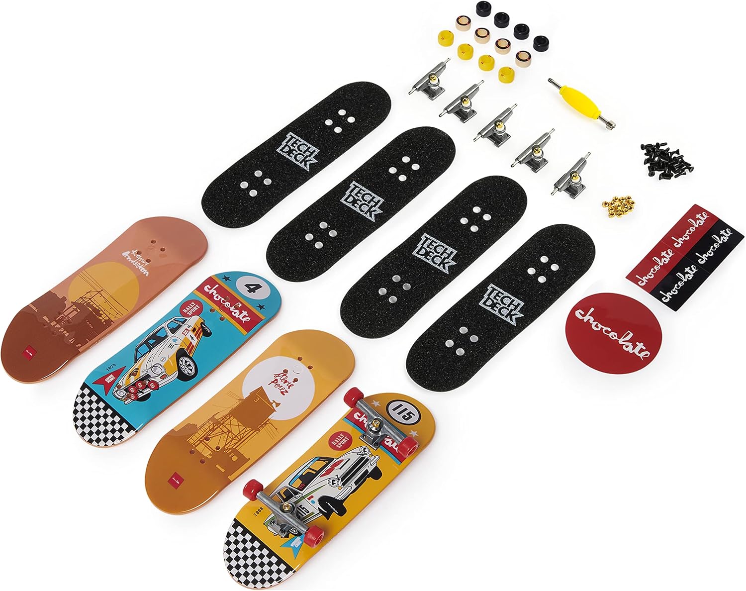Contenu dun pack Chocolate étalé : planches, grips, trucks, roues, visserie et autocollants