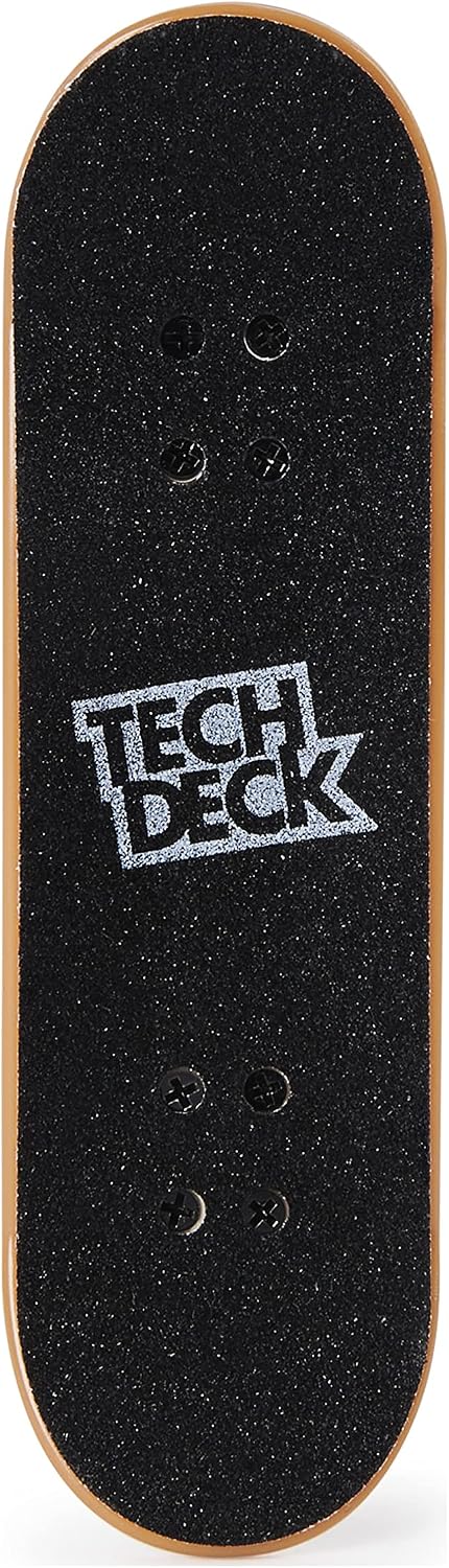 Finger skate Tech Deck vu de dessus, grip noir au logo de la marque