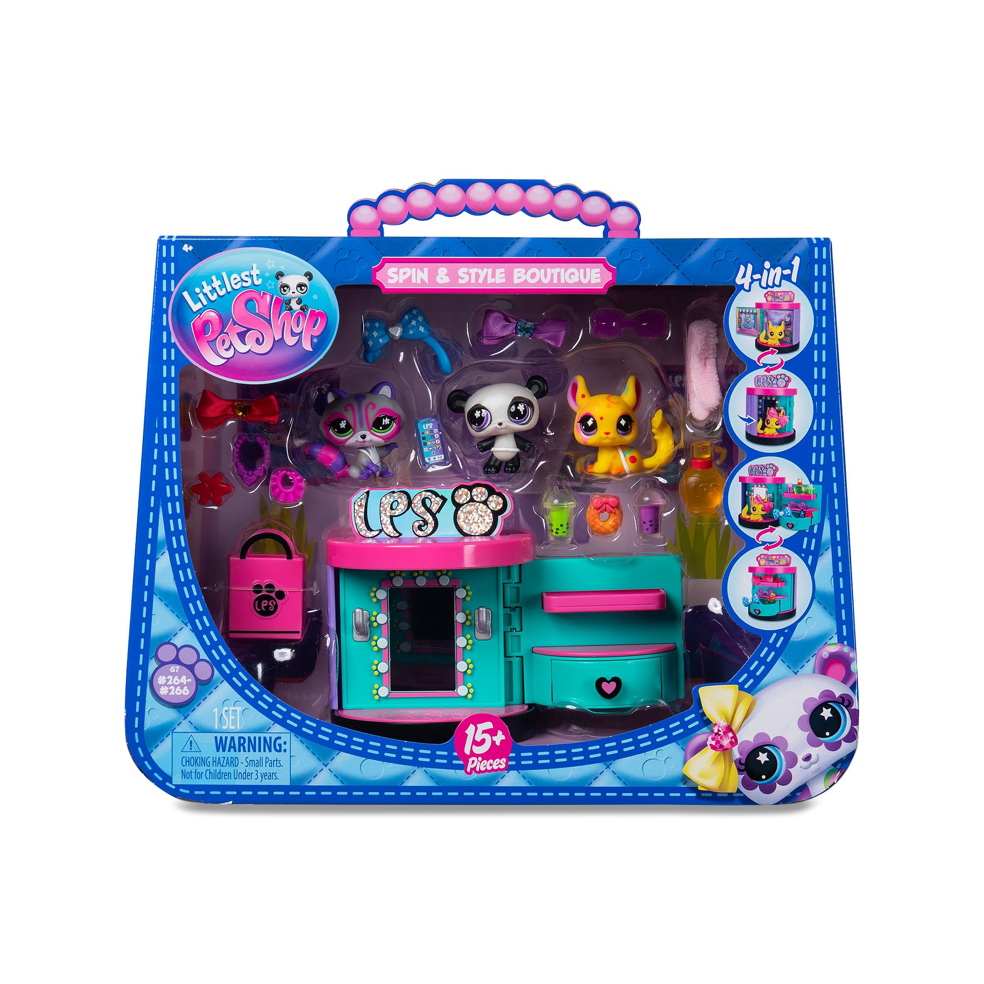 Boîte Spin &amp; Style Boutique de face : trois animaux, boutique et accessoires derrière la fenêtre