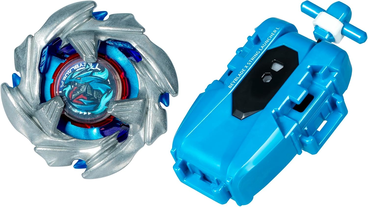 Toupie Cobalt Dragoon argent et bleu et son lanceur à corde bleu, sur fond blanc