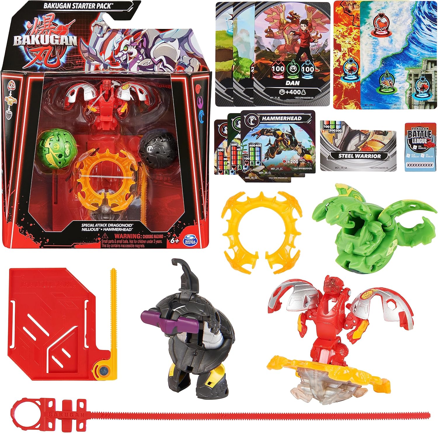Contenu complet : boîte, cartes, anneau, trois Bakugan, carte lanceur et tirette rouge