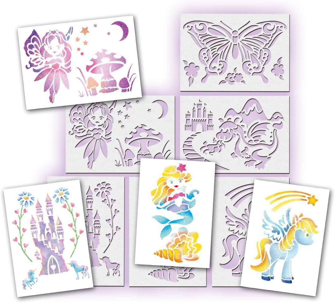 Pochoirs et dessins terminés : fée, papillon, château, dragon, sirène et licorne