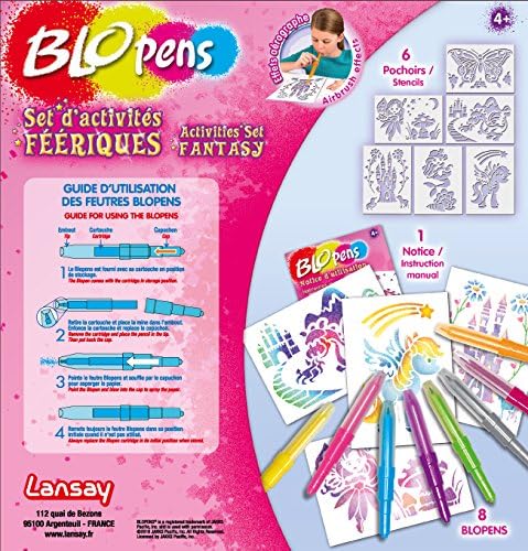 Dos de lancienne boîte marquée 4+ : 8 Blopens, 6 pochoirs et une notice