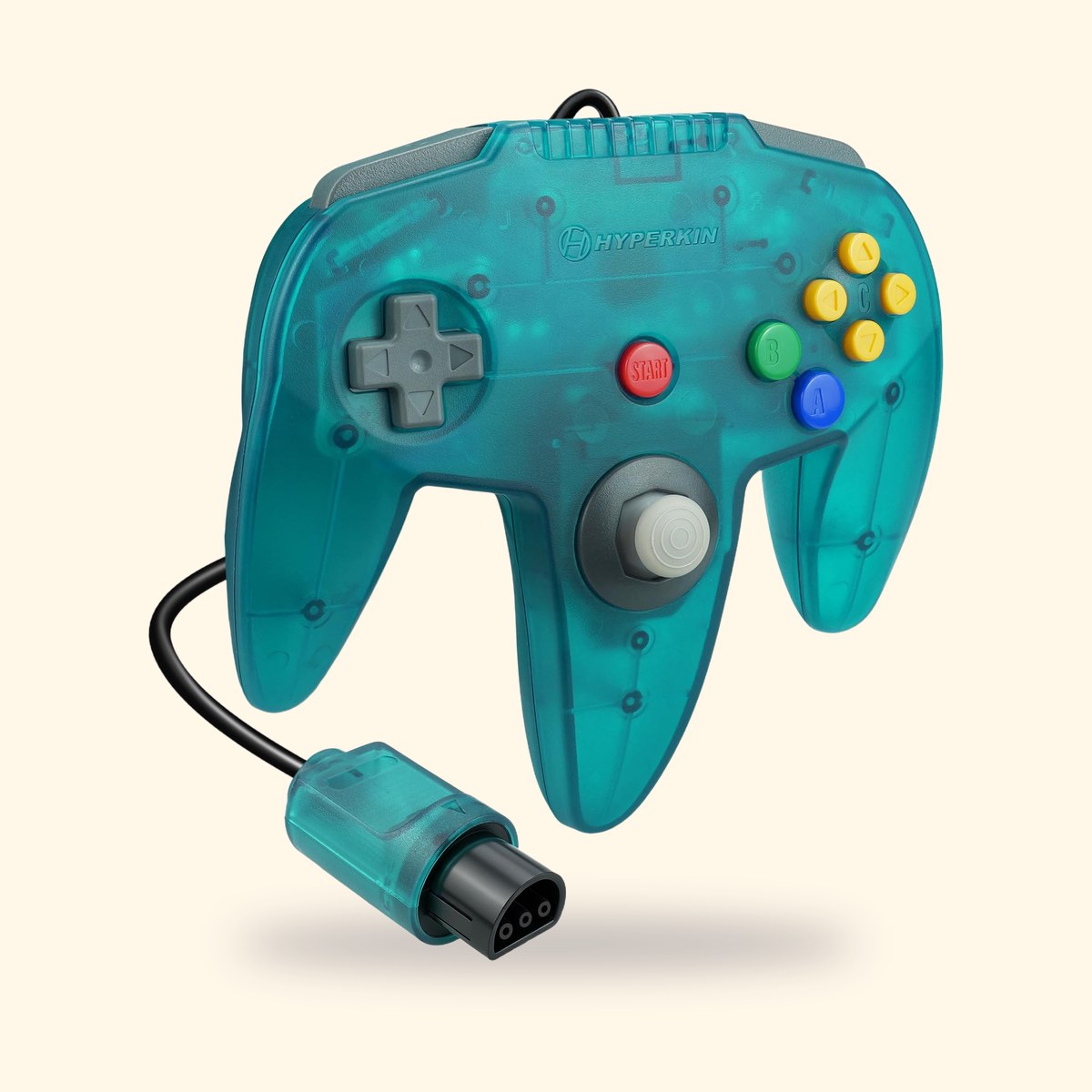 Manette N64 Hyperkin Captain turquoise vue de face, sur fond crème