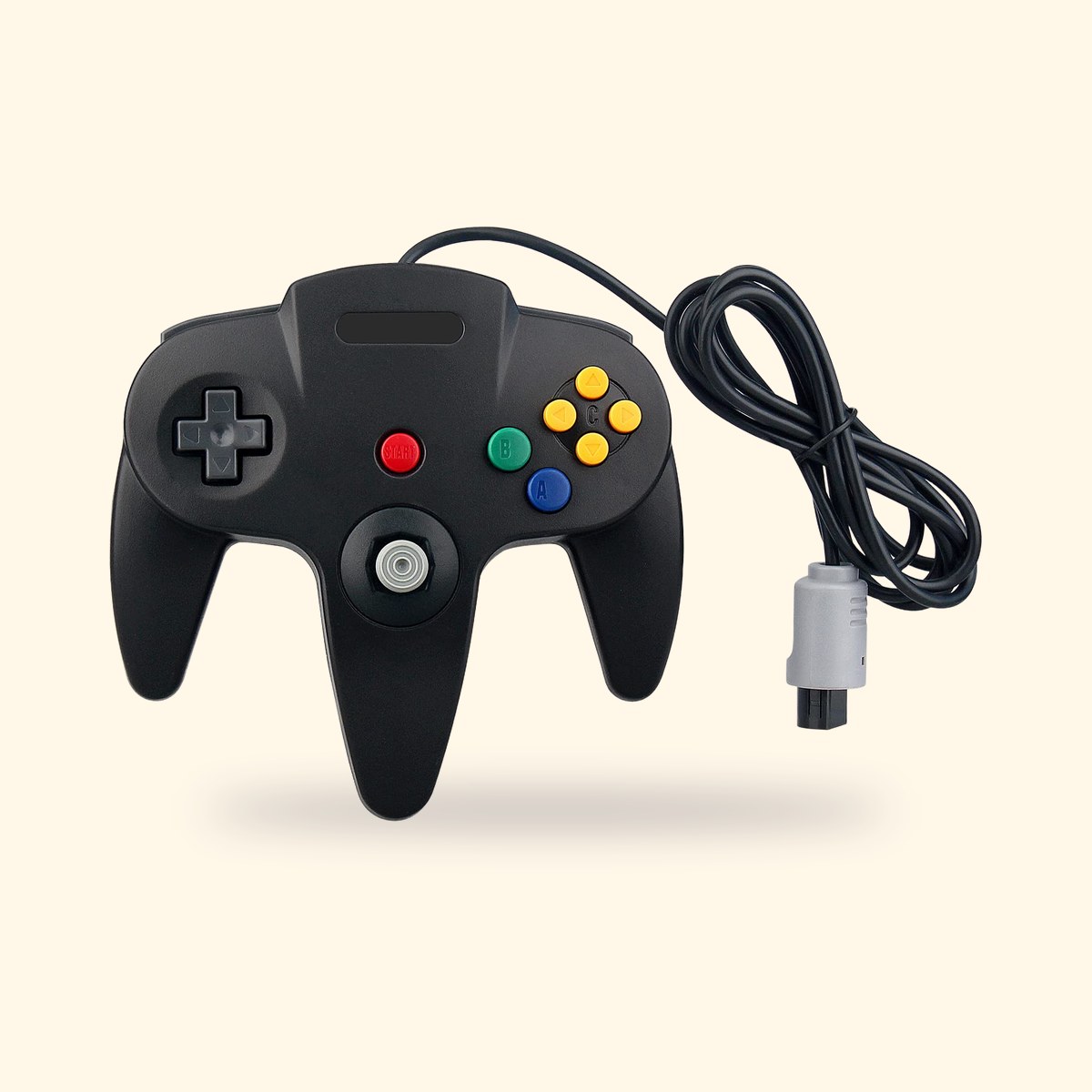 Manette N64 filaire OSTENT noire vue de face, sur fond crème