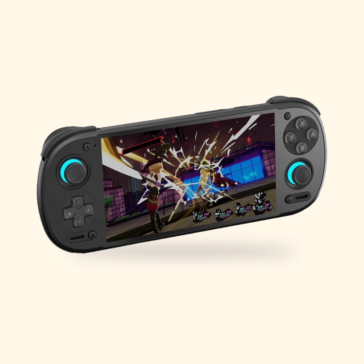 Console Retroid Pocket 6 noire vue de trois quarts, stick gauche en haut, sur fond crème
