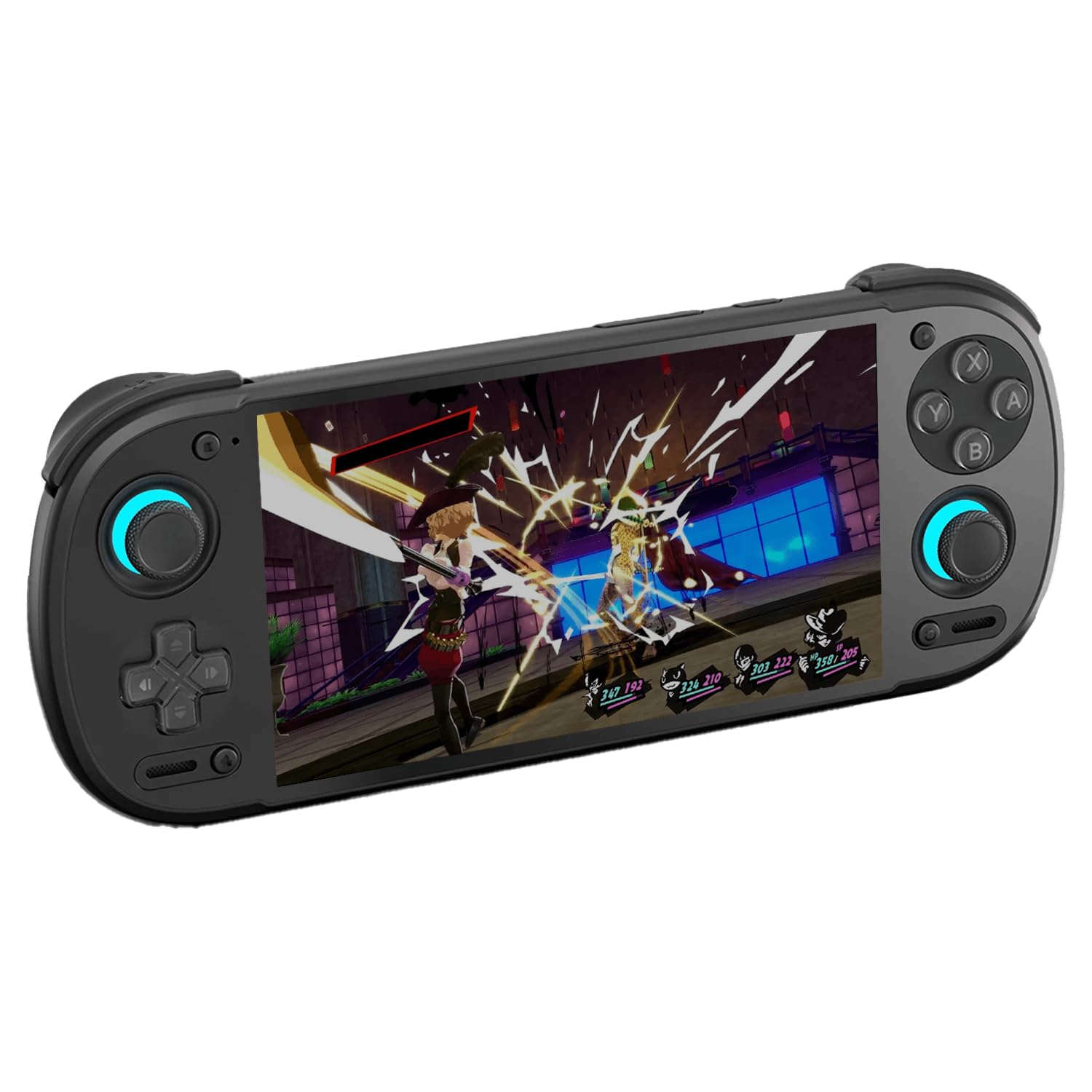 Retroid Pocket 6 noire vue de trois quarts, stick gauche en haut, un jeu daction à lécran