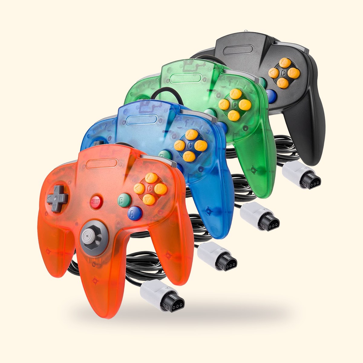 Lot de 4 manettes N64 filaires miadore de quatre couleurs, sur fond crème