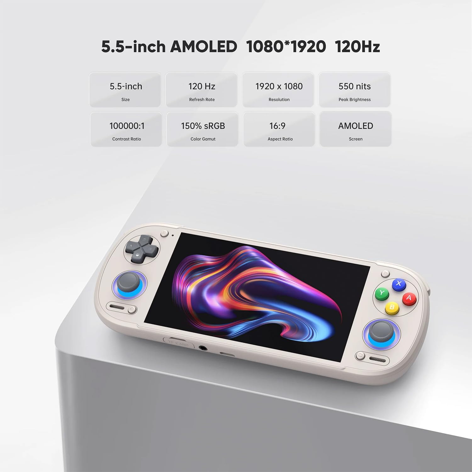 Retroid Pocket 6 argentée sur un socle, avec les chiffres de lécran AMOLED 5,5 pouces 120 Hz