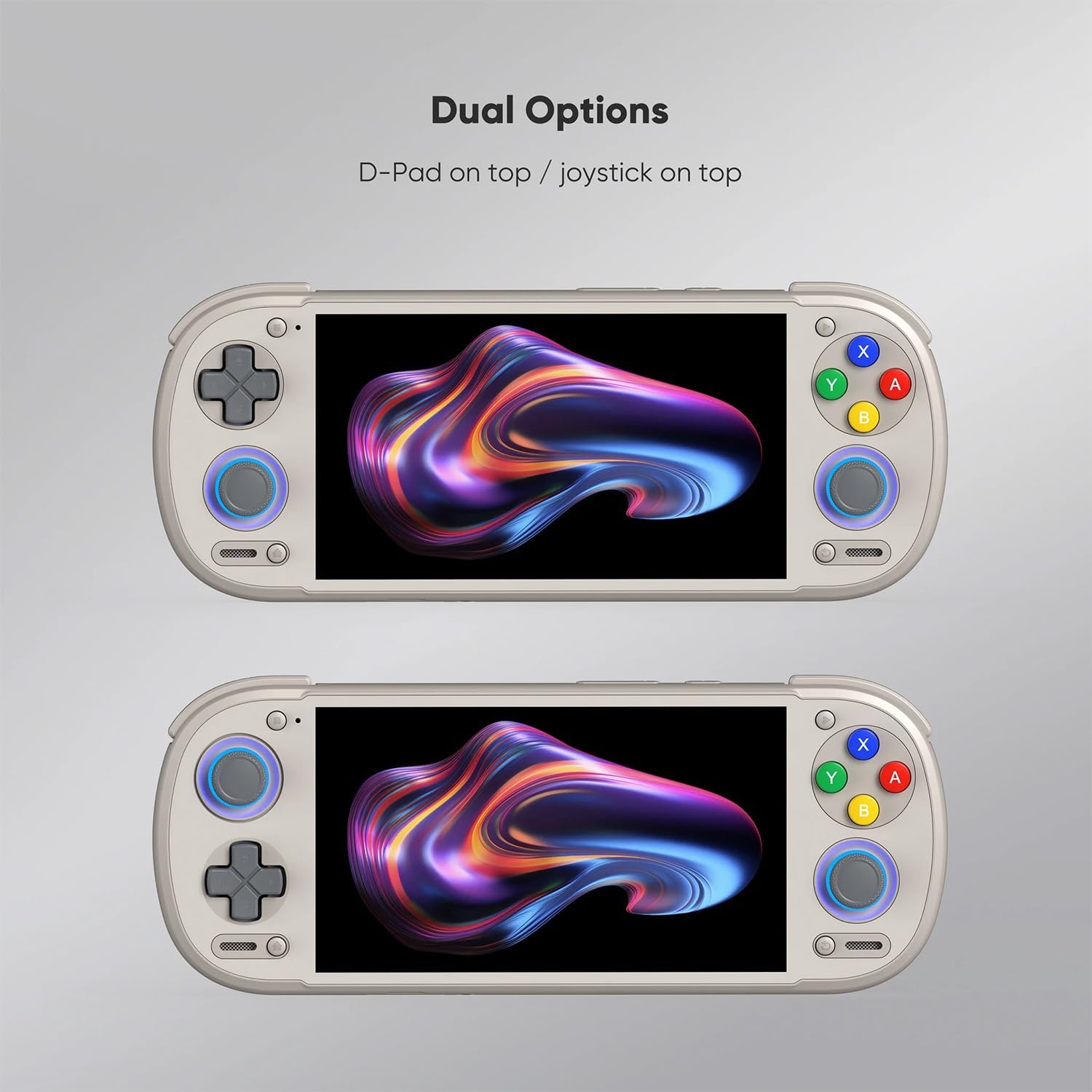 Les deux dispositions de la Retroid Pocket 6 argentée : croix en haut ou stick en haut