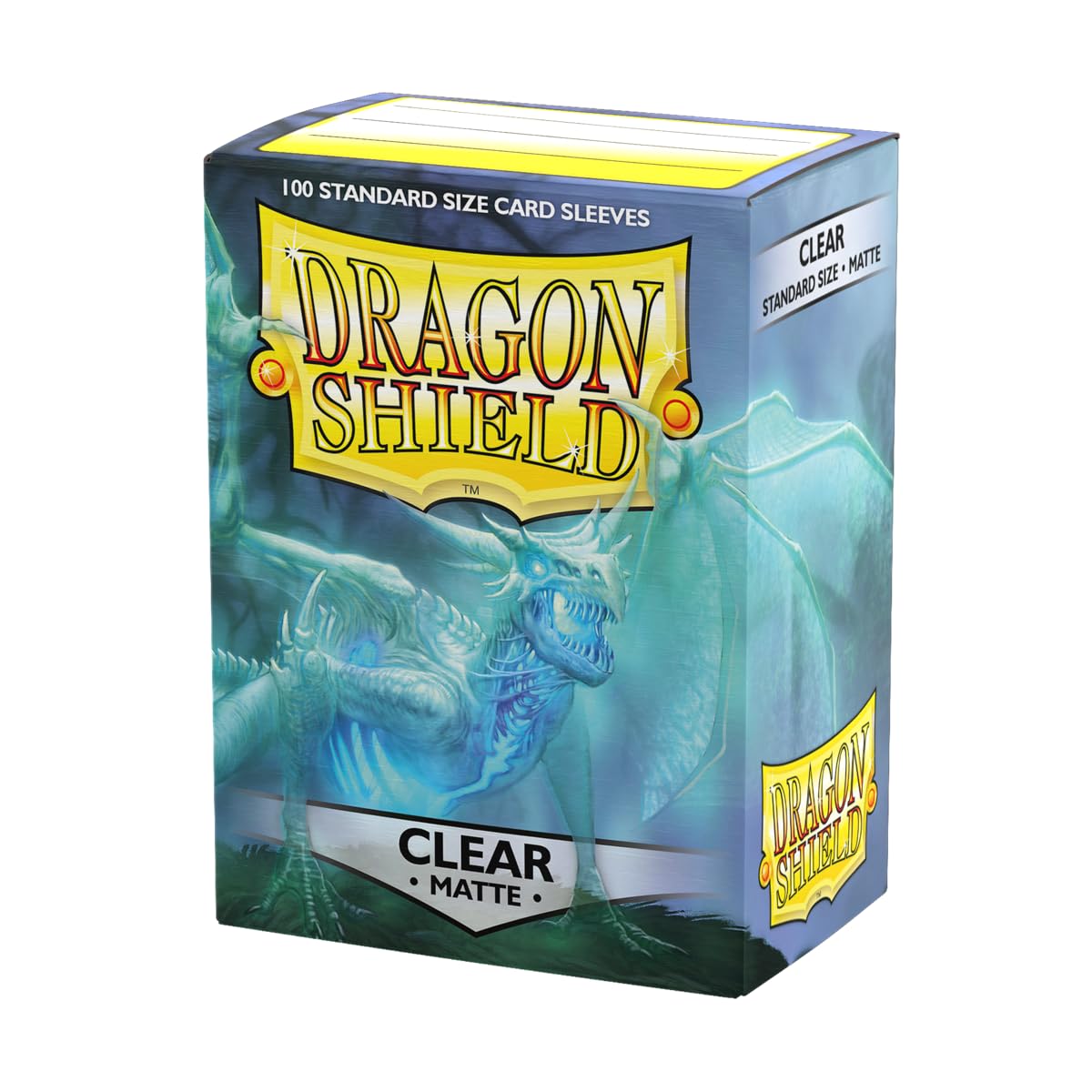 Boîte de 100 sleeves Dragon Shield Matte Clear, vue de trois quarts