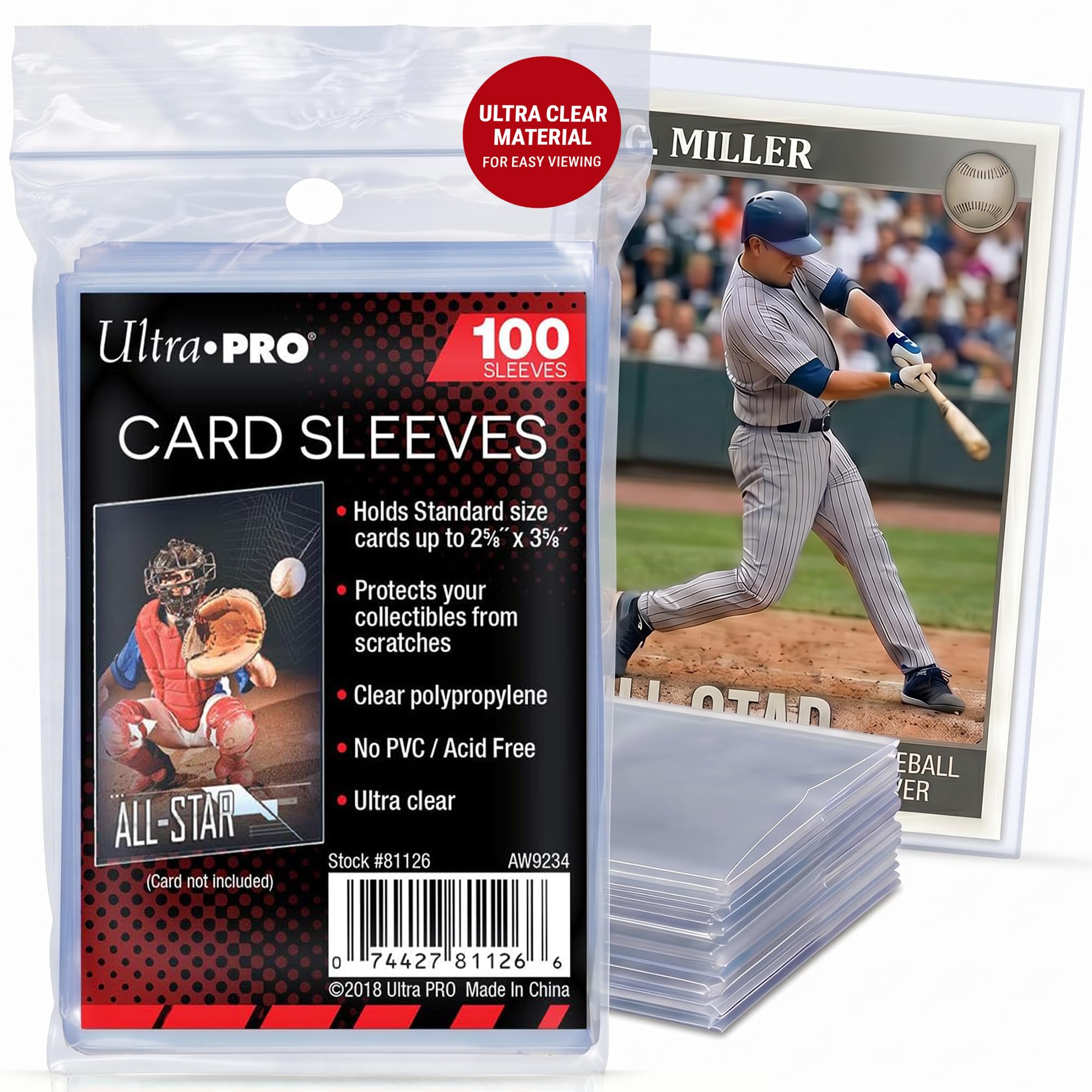 Paquet de 100 sleeves souples Ultra Pro, avec une carte glissée dans une pochette