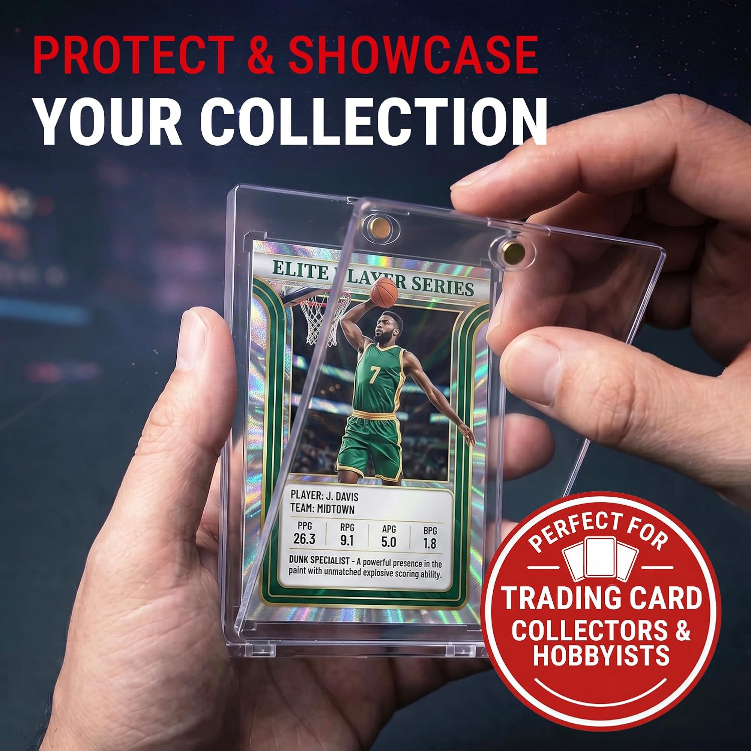Carte de basket exposée dans un porte-cartes magnétique One-Touch tenu en main