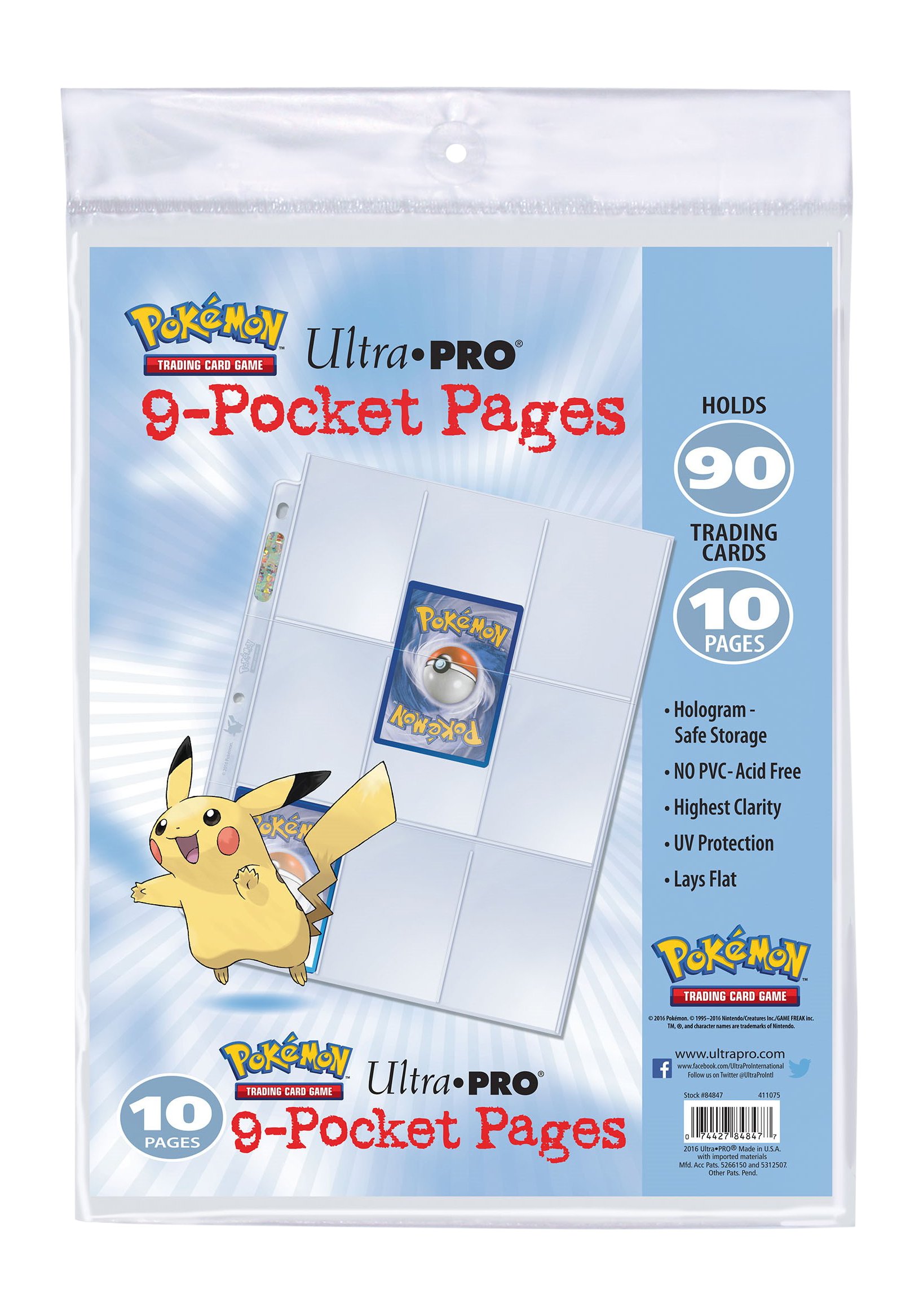 Paquet de 10 feuilles de classeur Pokémon Ultra Pro à 9 pochettes, illustré de Pikachu